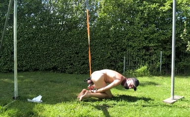 naked pathetic slave outdoor in penis cage got public humiliated as fucktoy dildo in ass