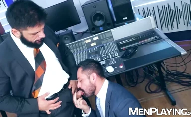 Suited Cristian Sam ass drills Little Brako deep in studio